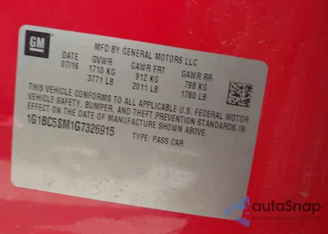 2016 Chevrolet Cruze Ls Auto from USA, damaged, VIN 1G1BC5SM1G7326915